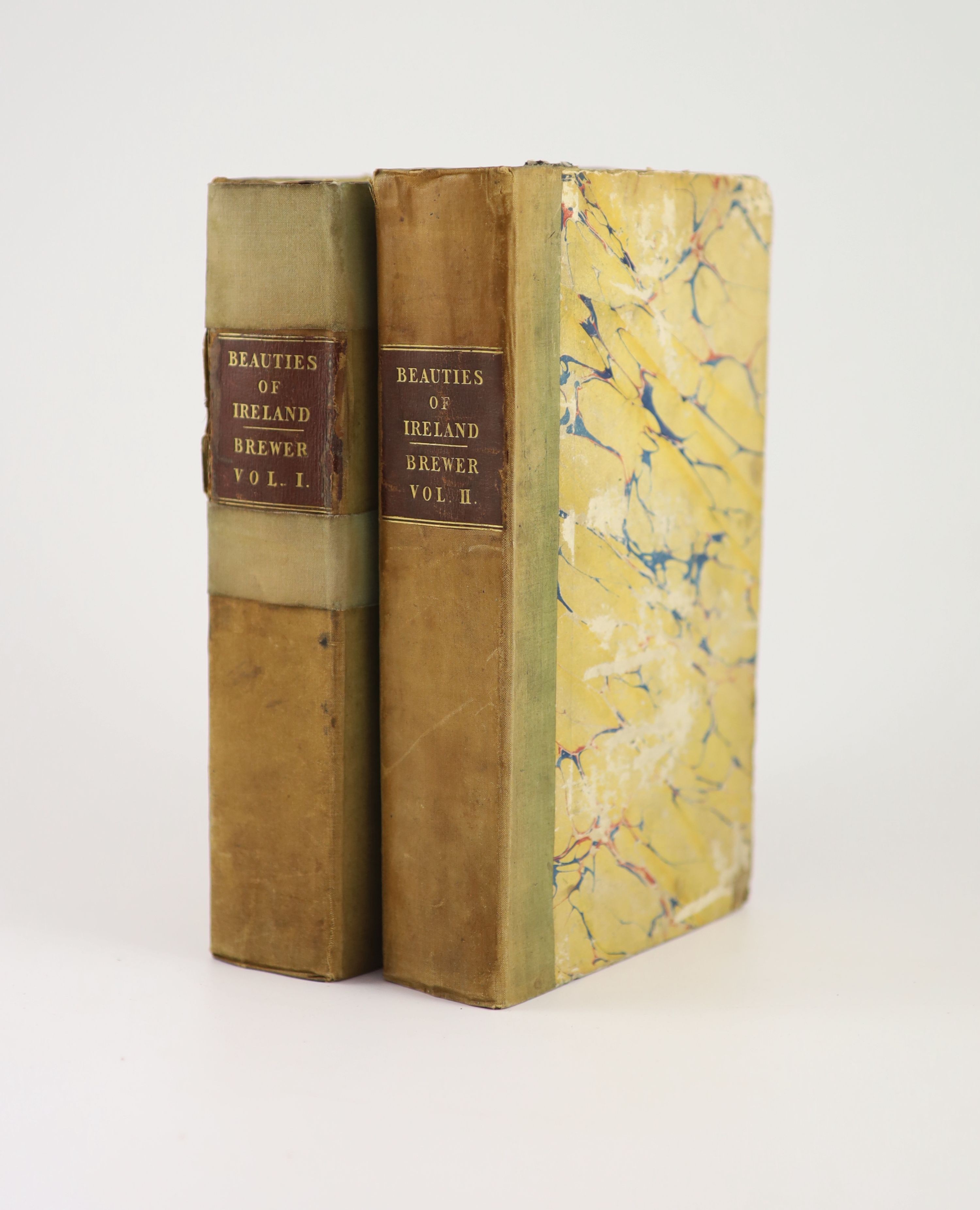 Brewer, James Norris - The Beauties of Ireland, 2 vols, 8vo, quarter cloth, spines sunned and poorly repaired, with 2 frontispieces and 2 plates, Sherwood, Jones & Co., London, 1825-26